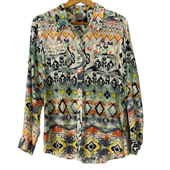 Multi Color Long Roll Tab Sleeve Button Down Women's Large L - Picture 1 of 9